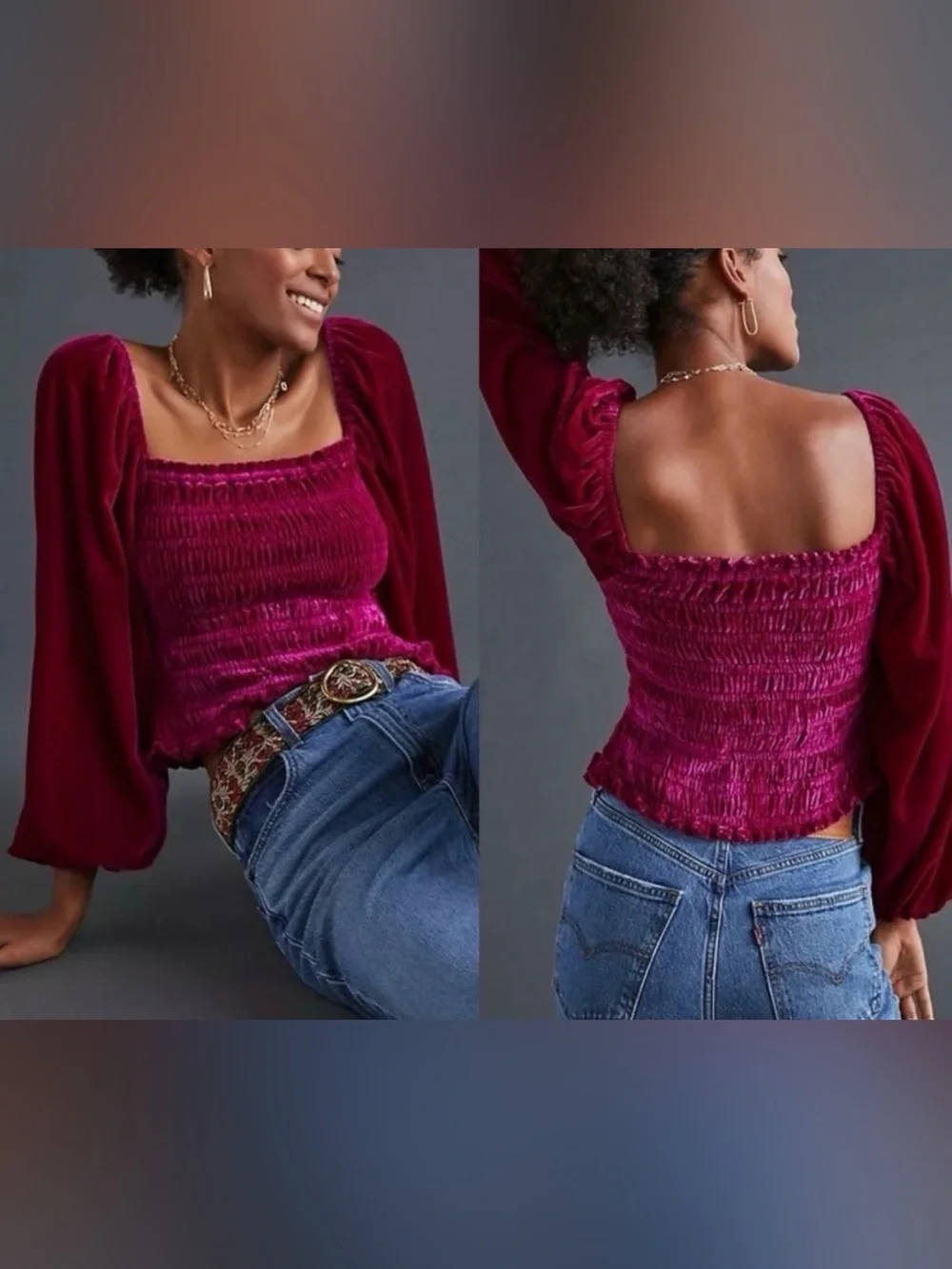 Anthropologie Velvet Smocked Puff Sleeve Peasant Top Deep Berry Women's Small